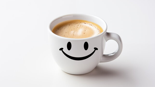 Cup of coffee with foam and smile, top view. cofee bean, on white background