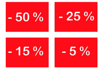 Labels for discounts of -50%, -25%, -15% and -5% in red to print