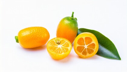 fresh kumquats isolated on white background whole and sliced