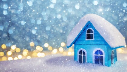 merry christmas and happy new year concept glitter illumination background a small blue house covered in snow