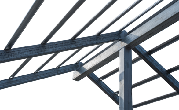 Steel beam structure roof building site isolated on white background, Modern metal structure house