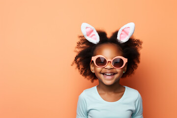 Banner of African American happy smiling young teenage girl with cute bunny rabbit ears on studio red orange background. Empty space place for text, copy paste, horizontal