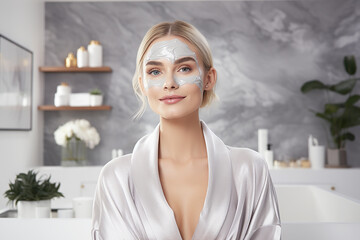 Young woman with mask on face, cosmetology and skin care