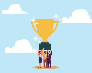 Team achievement, teamwork collaborate work together to achieve business goal, winning award or success, partnership or cooperate concept