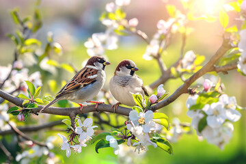 Sparrows sit on a branch of a flowering tree, spring mood