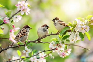 Sparrows sit on a branch of a flowering tree, spring mood