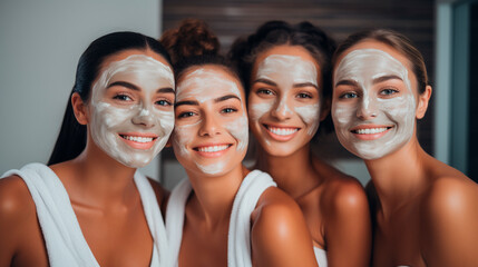 Women friends wearing spa facial masks. Selective focus. - obrazy, fototapety, plakaty