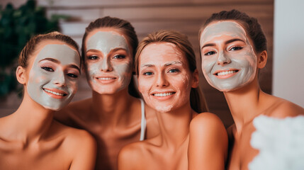Fototapeta premium Women friends wearing spa facial masks. Selective focus.