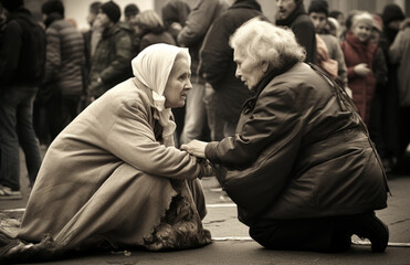 Two elderly women sharing a moment of connection amidst a crowd, evoking themes of empathy and compassion.