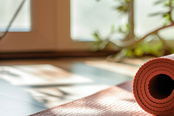 Rolled yoga mat laid on the floor. Sport, yoga, pilates, fitness, useful beneficial habits, active lifestyle, exercises at home concept