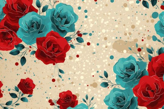  a pattern of red and blue roses on a beige background with polka dots and a sprinkle of dots.