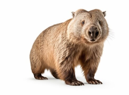 A curious wombat, a marsupial native to Australia, standing on all fours and facing the camera against a white background.