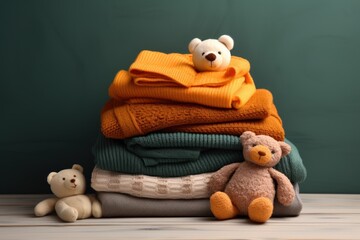  a teddy bear sitting on top of a pile of sweaters and a teddy bear sitting on top of a pile of folded clothes.