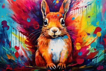  a painting of a squirrel with colorful paint splatches on it's face and tail, sitting in front of a multicolored background.