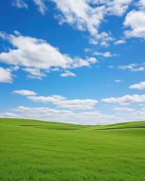 Green rolling hills under blue sky and white clouds