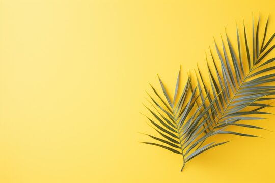  a close up of a palm leaf on a yellow background with a shadow of a palm tree on the left side of the frame.