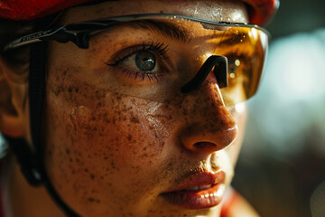 Close-up of a cyclist's face, showing intense concentration and determination, during a keirin race on an indoor cycling track. - obrazy, fototapety, plakaty
