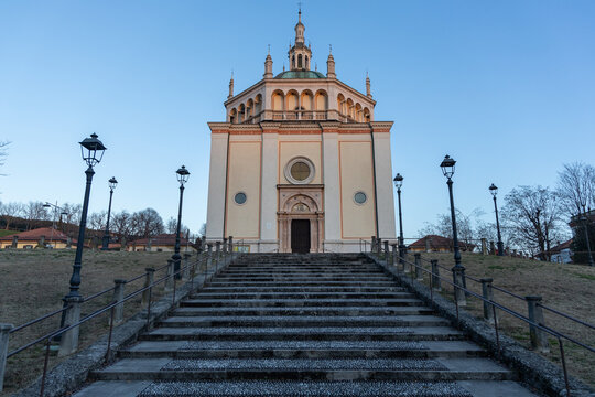 Crespi d'Adda, Italy - january 3 2024 -  workers village UNESCO site heritage Lombardy - in the picture: main church