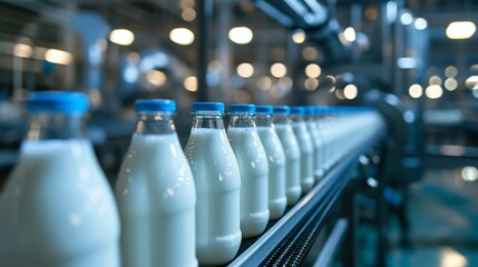 Dairy Production Line with Bottled Milk. Generative ai - obrazy, fototapety, plakaty