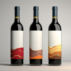 Bottles of wine with blank labels on abstract background, wine bottle mockup, fictional label design