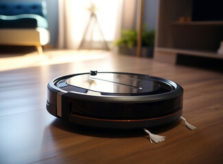A black robotic vacuum cleaner on a wooden floor, set against the backdrop of a modern living room with a blue sofa and a plant near window.