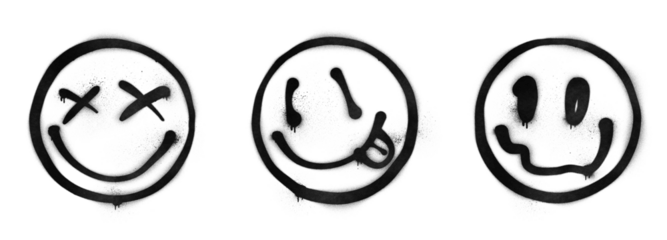 Graffiti-style smiley faces with spray paint effect isolated on transparent background