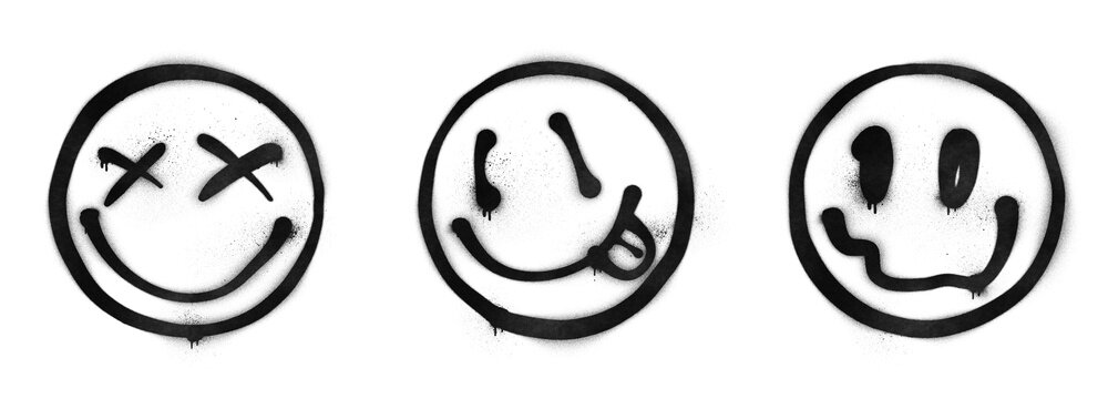 Graffiti-style smiley faces with spray paint effect isolated on transparent background