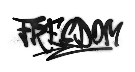 Word ‘Freedom’ written in graffiti-style lettering with spray paint effect isolated on...