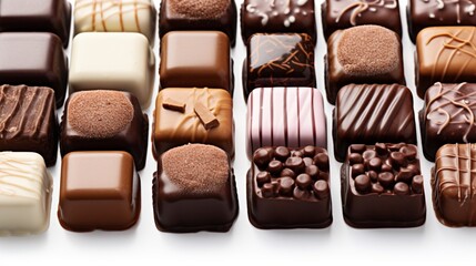 Fototapeta premium A collection of assorted chocolates, each with a glossy finish, isolated on white.