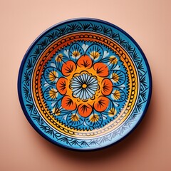 Decorative Moroccan ceramic hand painted plate, handmade, isolated, closeup top view.