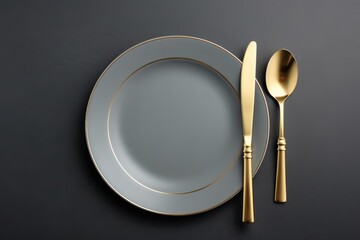  a close up of a plate with a knife and fork on a table with a spoon and spoon rest next to it.
