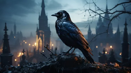 Fotobehang Majestic Raven Perched Atop a Gothic Tombstone. Generative ai © Scrudje