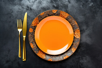  a close up of a plate with a fork and a knife on a table with a black and orange background.