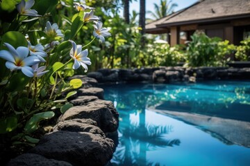  a pool surrounded by rocks and flowers with a gazebo on the other side of the pool in the background.