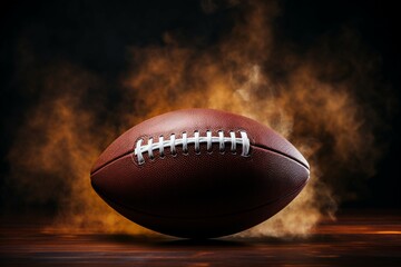 Closeup an American football ball shrouded in dramatic smoke - obrazy, fototapety, plakaty