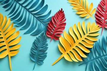  a group of colorful paper leaves on a blue background with a red, yellow, and green leaf in the middle. - obrazy, fototapety, plakaty
