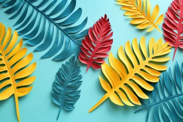 Foto op Plexiglas  a group of colorful paper leaves on a blue background with a red, yellow, and green leaf in the middle. © Shanti