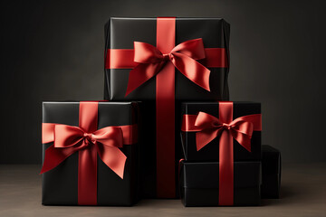 three black gift boxes tied with a red ribbon