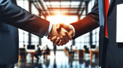 Fotobehang Handshake of two businessmen close-up. Business banner background. Generative AI © Odin