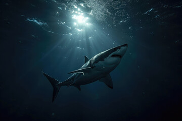 A great white shark swimming gracefully in the moonlit waters