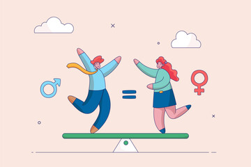 Gender equality concept. Male and female with symbol on the scales feeling equal discrimination. Modern flat vector illustration in cartoon style.
