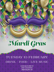 mardi gras party poster. mardi gras background with mask shaped party balloon and streamers © Angelica