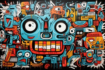  a painting of a face made up of many different types of shapes and sizes of objects on a black background.