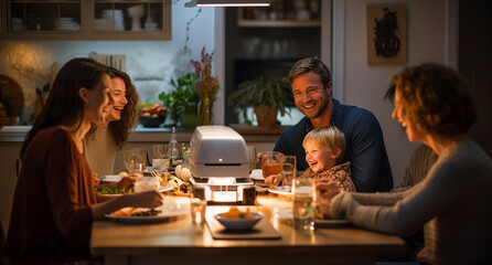 Family Enjoying Dinner with Serving Robot