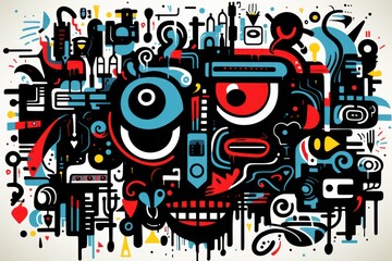  a drawing of a man's face made up of different types of shapes and sizes on a white background.