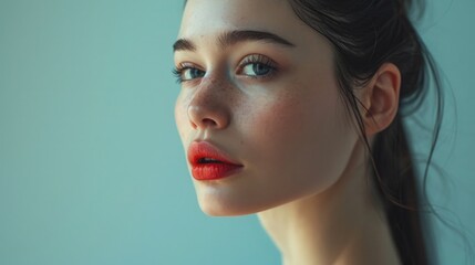 Fototapeta premium portrait of a beautiful woman with black smoothly combed hair, ponytail hairstyle, colorful advertising photo of a beauty salon, glossy glamor