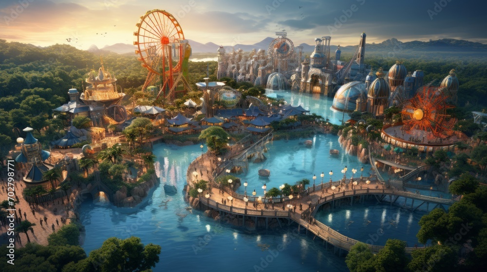 Poster a panoramic aerial perspective of an amusement park's extensive layout, revealing the excitement and