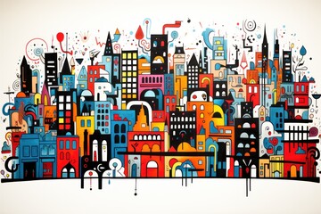  a drawing of a city with lots of tall buildings and lots of colorful graffiti on the side of the building.
