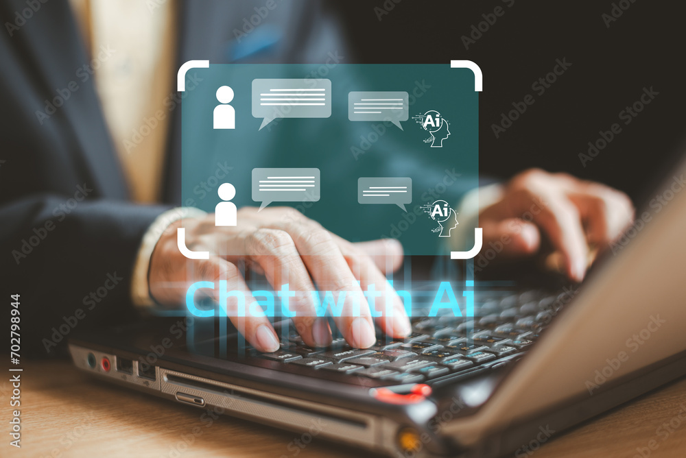 Fototapete Virtual graphic Global Internet Chat with AI. Ai tech Chat bot for customer. Artificial Intelligence Futuristic technology transformation. Businessman connect Command prompt. Digital computer concept