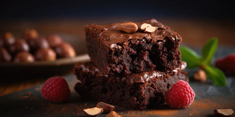 Chocolate brownies with raspberries and hazelnuts. Chocolate cake - obrazy, fototapety, plakaty